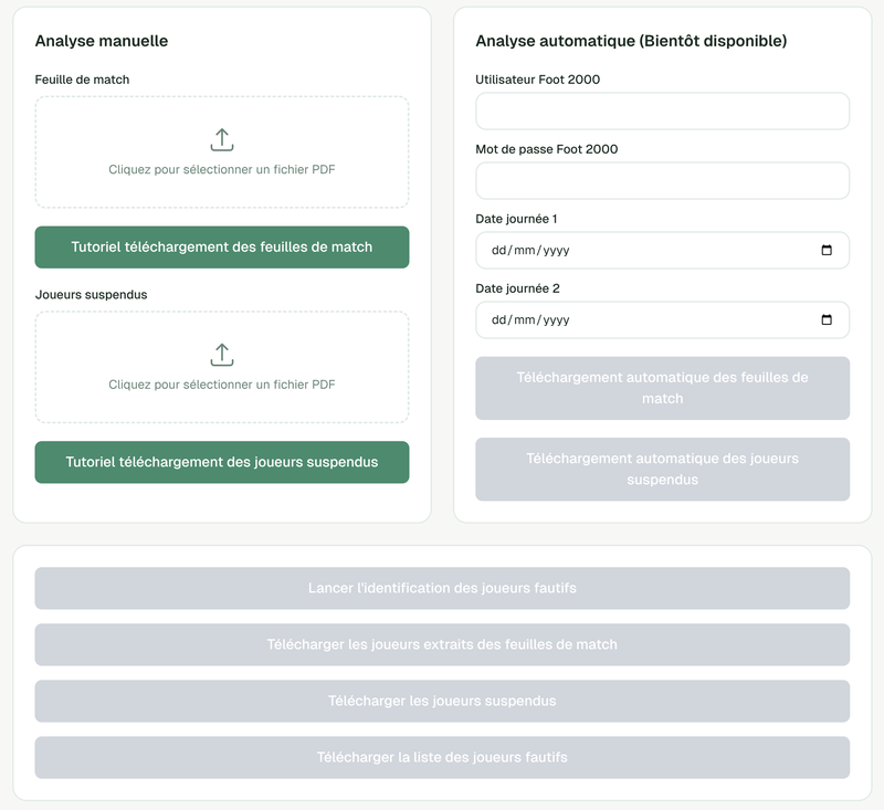 The FootCheck web interface: upload panels for match sheet and suspended-player PDFs, and actions to run the identification and download the flagged players.