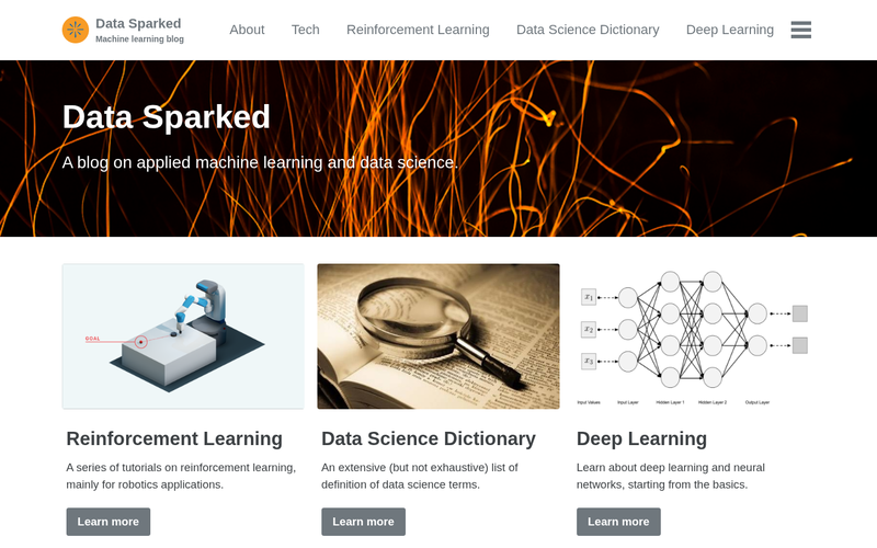 Data Sparked — Machine-learning blog organised into seven topic hubs. Jekyll, built and customised.