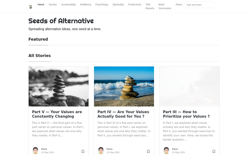 Seeds of Alternative — Editorial blog with category navigation and multi-part series. Jekyll, built and customised.